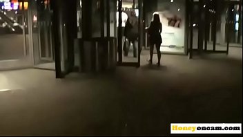 Hot blonde is giving a fat cocked man a blowjob in public