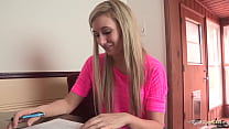 Submissive blonde likes to please her experienced gonzo instructor and eat his cum